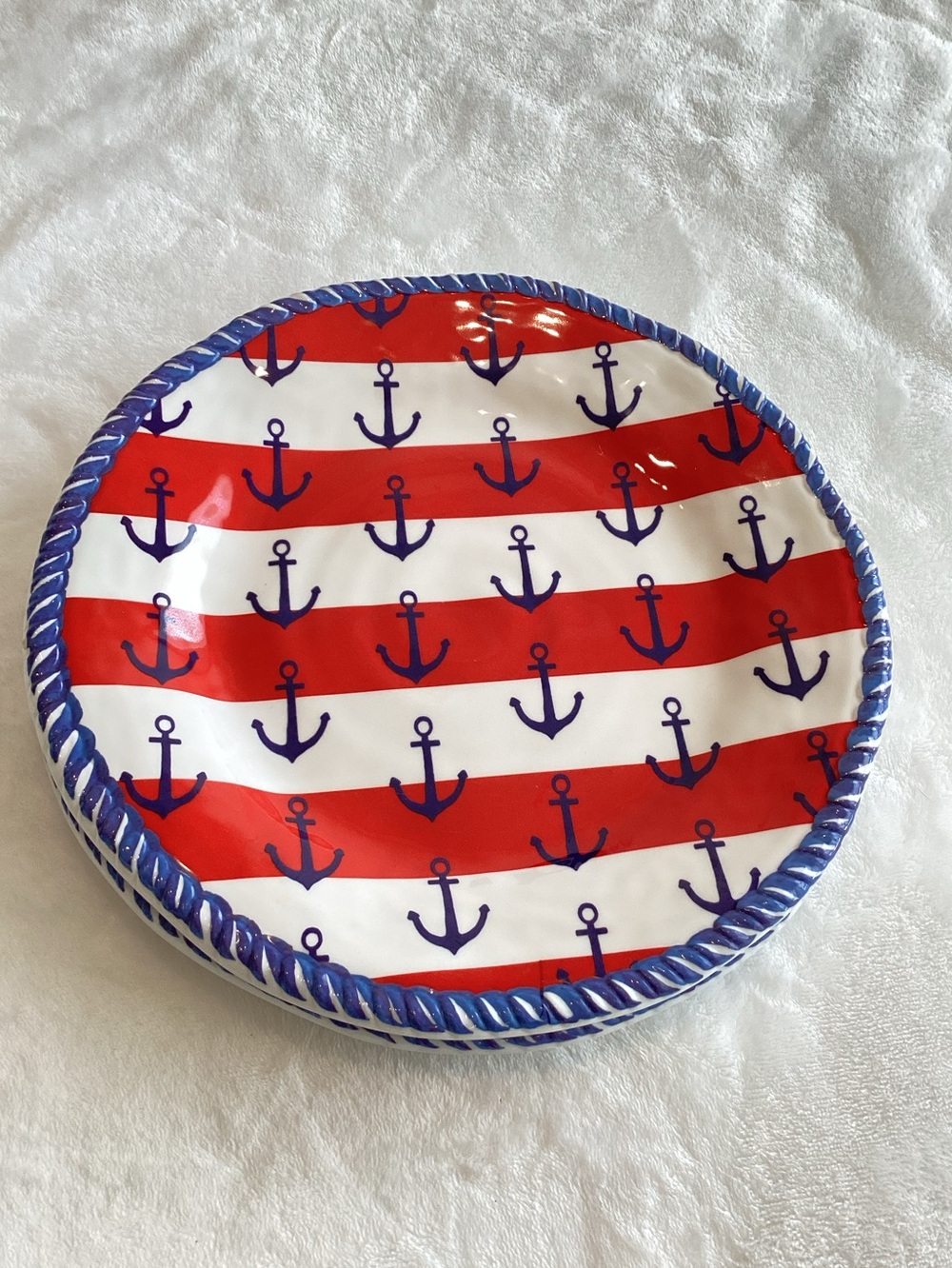 Tommy Bahama Melamine Plates Red White Blue Nautical Anchors Set of 2 Round